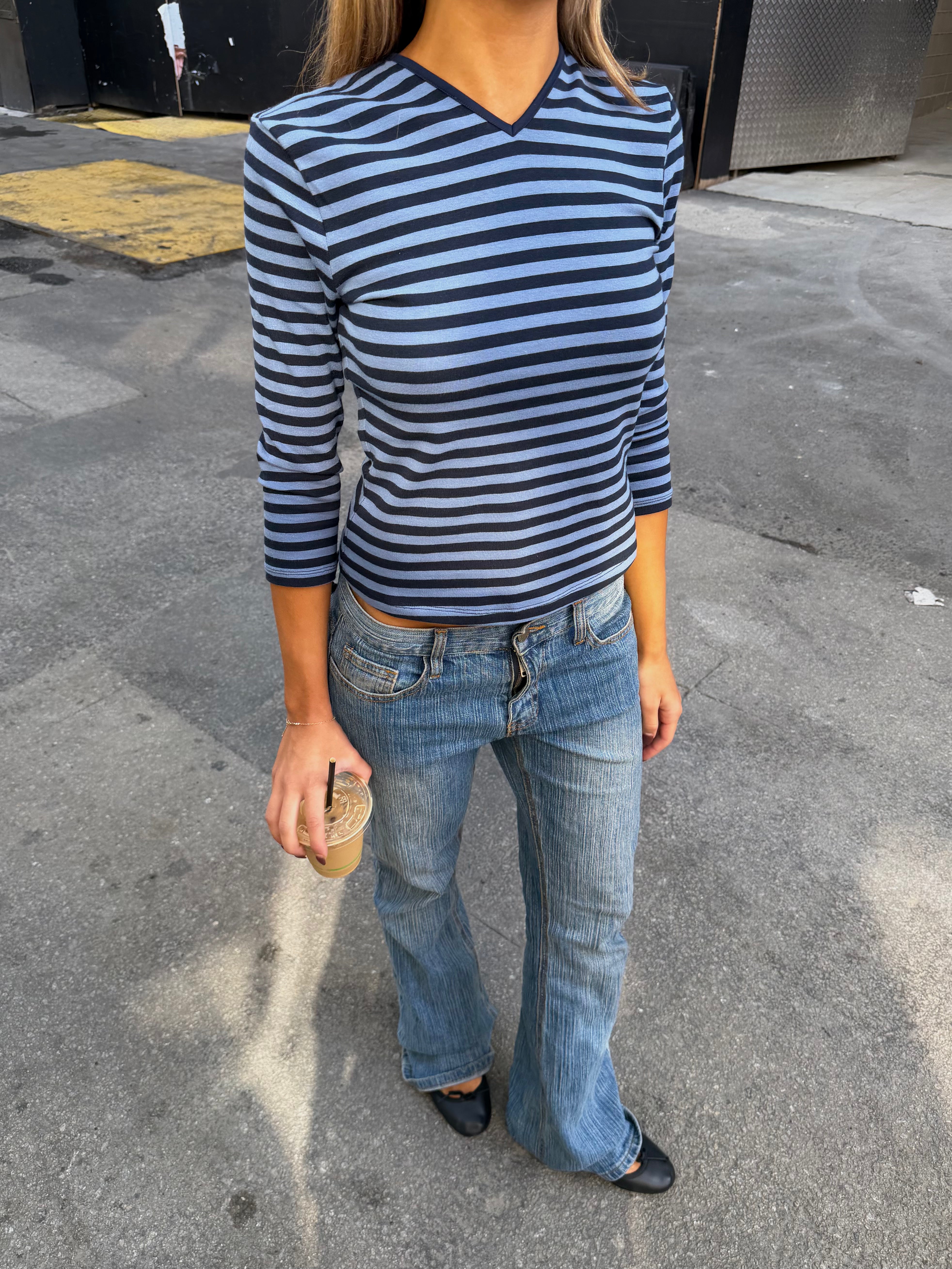 Gwen V Neck Striped Top blue navy women's 3/4 sleeve Girl Clumsy