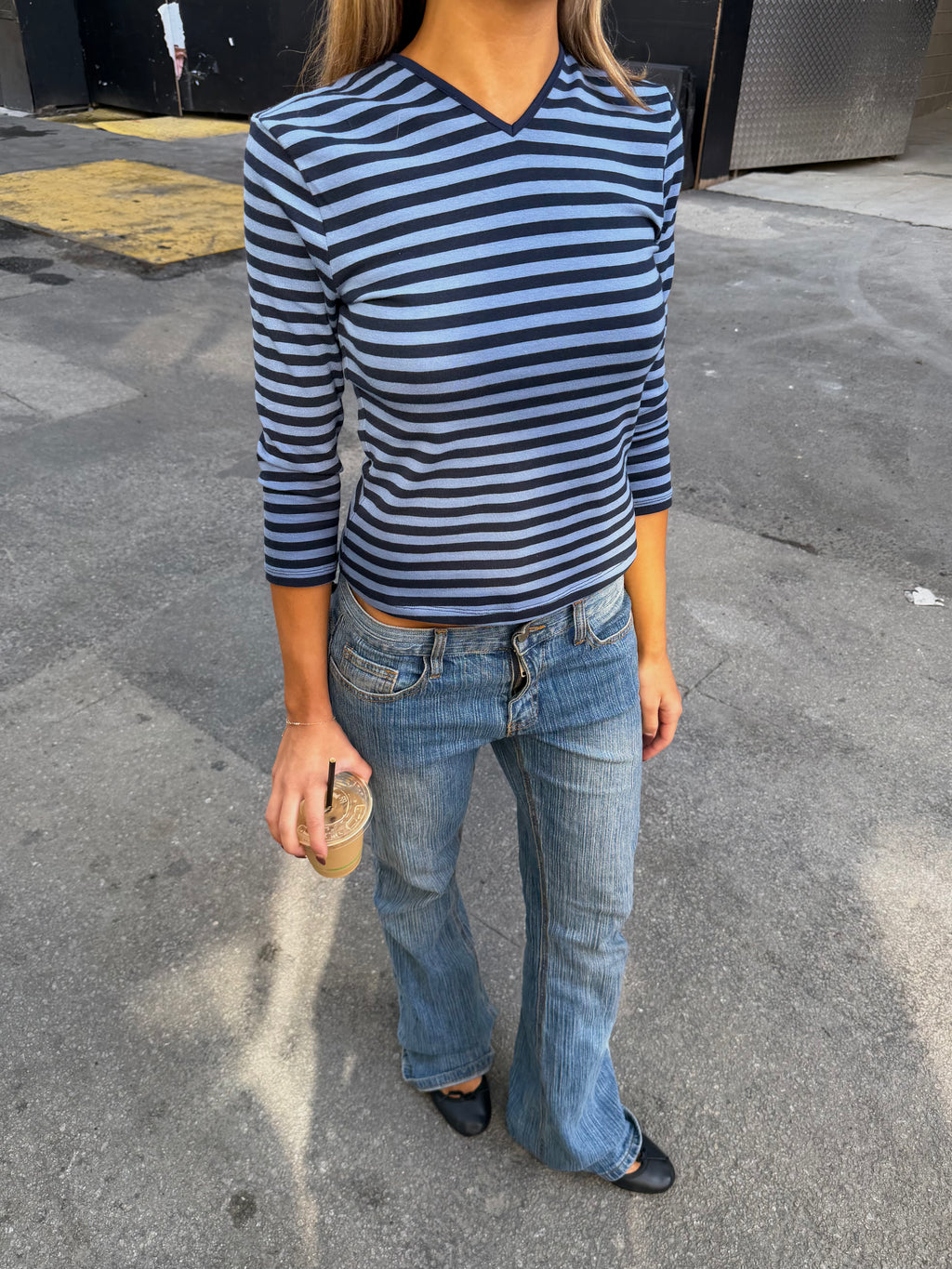 Gwen V Neck Striped Top blue navy women's 3/4 sleeve Girl Clumsy